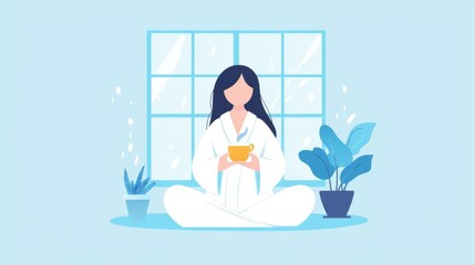 A woman meditating with tea, surrounded by plants and calm ambiance.