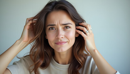 Obraz premium Young woman with a worried expression touching her hair, concerned about hair loss in a simple setting