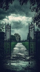 Gloomy Cemetery Pathway Through Iron Gates Under Dark Clouds