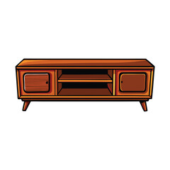 Illustration of a contemporary tv stand with open shelves and sleek wooden design.