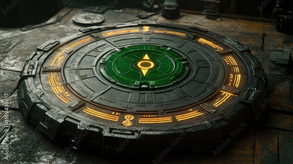 Poster a circular technological device with glowing green and orange lights embedded in a metallic surface.
