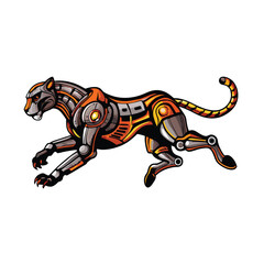 A cybernetic cheetah in mid-sprint, with a single hydraulic limb, depicted in a cartoon style with bright colours and sharp lines.