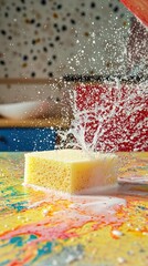 Colorful Kitchen Scene with Water Splash and Cleaning Sponge
