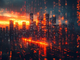 Futuristic Cityscape with Overlaying Business Data and Financial Charts