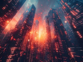 Abstract Futuristic Business Cityscape with Data Overlays and Financial Charts