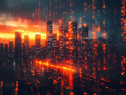 Futuristic Cityscape with Overlaying Business Data and Financial Charts