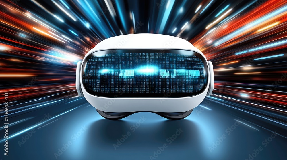 Poster a futuristic vr headset displays data streams against a backdrop of light trails. ideal for showcasi