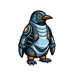 A sleek, metallic cybernetic penguin with glowing blue accents.