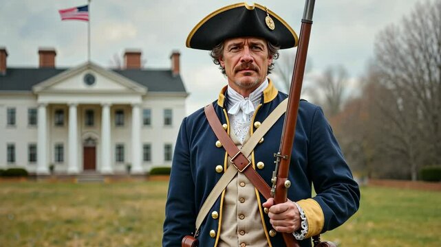 Historical reenactor portrays a soldier in front of a colonial mansion in the countryside