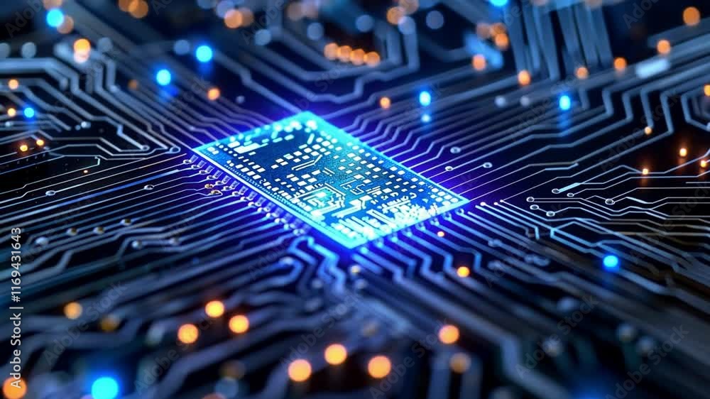 Poster A close-up view reveals a glowing microchip amidst intricate circuits, showcasing advanced technology. Bright blue and orange lights illuminate the pathways, signifying activity and complexity.