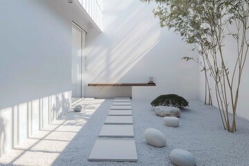 courtyard of a modern minimalistic house in white facade