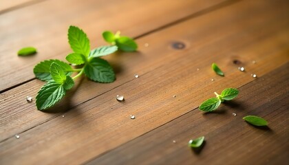 Minimalistic flat still-life - mint leaves on a wooden surface