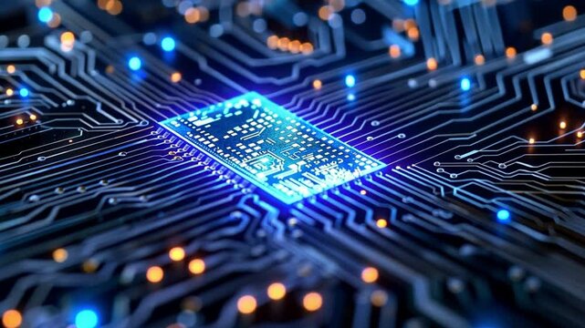 A close-up view reveals a glowing microchip amidst intricate circuits, showcasing advanced technology. Bright blue and orange lights illuminate the pathways, signifying activity and complexity.