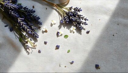 Minimalistic flat still-life - lavender branches on white 