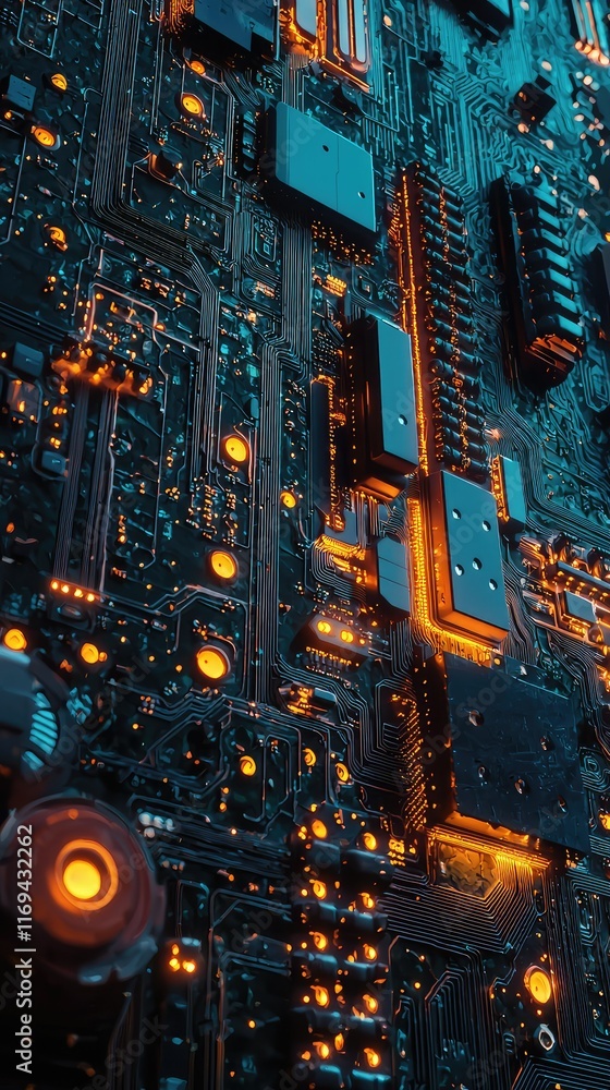 Poster close-up view of illuminated circuit board with electronic components