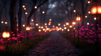Enchanting Pathway Illuminated by Lanterns and Surrounded by Flowers