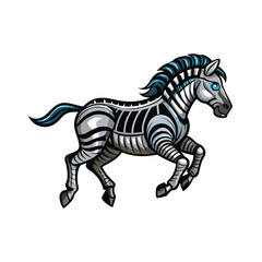Obraz premium A cybernetic zebra with metal stripes and hydraulic limbs running.