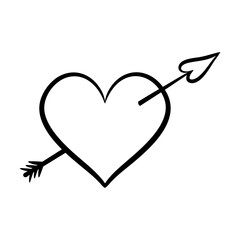 Vector heart with arrow in line art style. Cupid arrow pierced the hart. Graphic monochrome drawing. Hand drawn heart outline sketch, ink illustration. Design element Valentines day.
