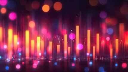 Abstract glowing bar graph with bokeh lights. Ideal for visualizing data trends financial performance or business growth in a dynamic and visually appealing manner.