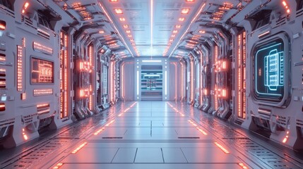 Futuristic Tech Corridor with Clean Lines and Bright Lights