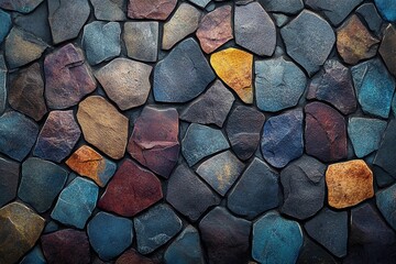 Various stones with earthy colors are arranged seamlessly to form a visually appealing mosaic suitable for background use. Generative AI