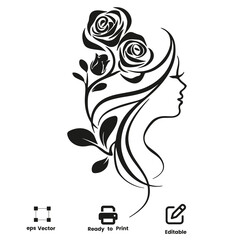 Elegant artistic Lady Silhouette with Rose flower and Leaf Design minimalist Vector Illustration eco friendly  beauty Print icon logo 