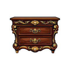 A detailed illustration of a chest of drawers with brass handles, ornate carvings, and a rich wood grain.