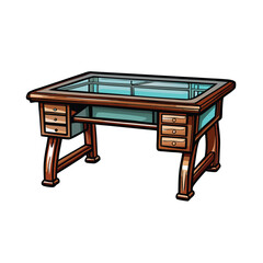 A detailed drawing of an office desk with a glass top and metal legs.