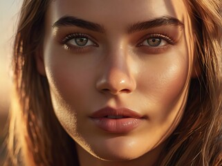 Beautiful young girl with serene expression, almond eyes, gentle smile, wavy hair, and soft pastel background