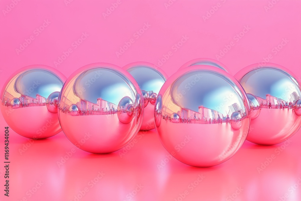 Aufkleber reflective spheres on vibrant pink background creating artistic visuals in a modern setting
