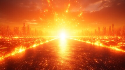 Fiery Sunset Over Burning Cityscape Inferno