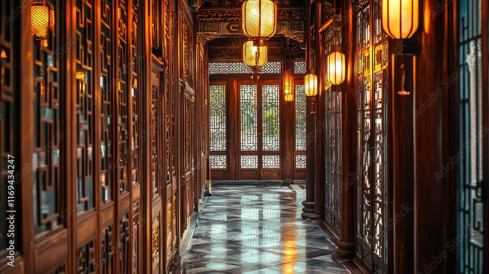 Poster elegant wooden corridor with lanterns and intricate design features