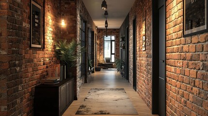 Fototapeta premium Cozy Modern Corridor with Exposed Brick Walls and Warm Lighting