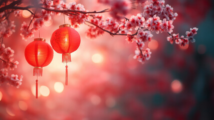 Chinese lunar new year background with cherry blossoms and red lanterns. Copy space.