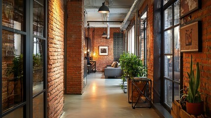 Fototapeta premium Modern Industrial Hallway with Exposed Brick and Natural Light