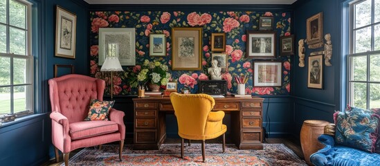 Obraz premium Elegant home office with floral wallpaper, antique frames, and colorful armchairs.
