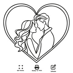 Romantic Love Couple in Heart Outline heart Icon shape Symbol vector illustration Valentine Day coloring page for print activity book
