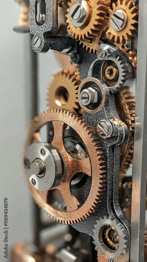 Poster detailed close-up image of interlocking gears and mechanical components