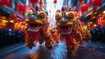 Fototapeta premium Motion blur showing movement and rush of Chinese lunar new year parade