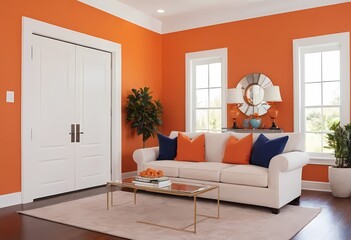 A living room sofa is positioned against an orange wall, with a white classic door in background