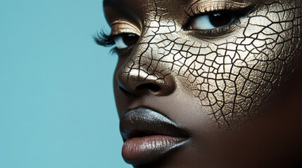 Capturing a close-up beauty portrait of a fashion african american model featuring golden cracked makeup against a striking turquoise background, highlighting a unique and artistic aesthetic