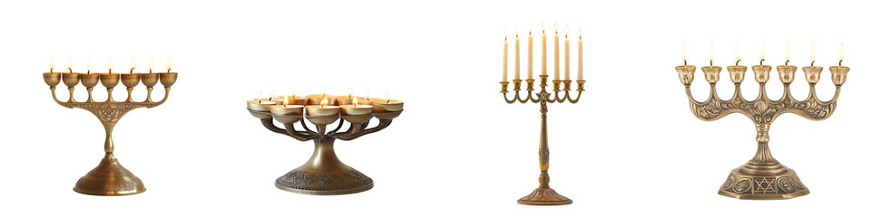 Set of a brass menorah isolated on transparent background