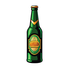 Detailed vector illustration of a green beer bottle with a gold label.
