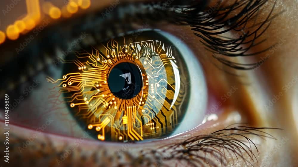 Poster A close-up of a human eye reflecting intricate circuit patterns, symbolizing the connection between human vision and advanced artificial intelligence technology.