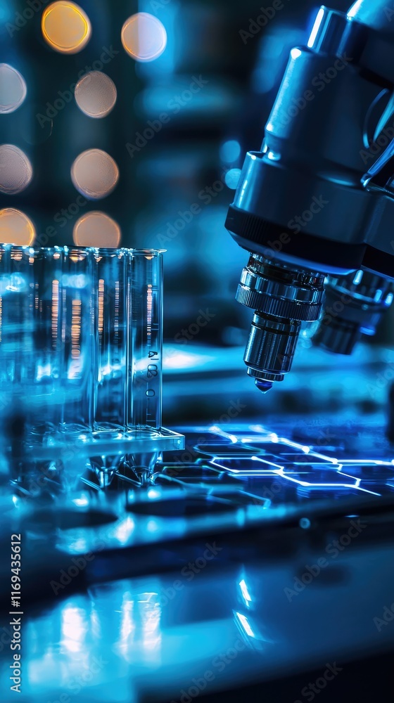 Poster close-up of laboratory microscope with test tubes and bokeh lights