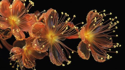A close-up shot of Wrightia religiosa flowers, capturing the delicate details of their petals and stamens against a rich black backdrop.