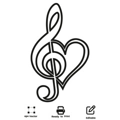 Treble Clef Heart  shape Love Symbol Logo Minimalist Music Valentine Day vector Design coloring page for printable activity book
