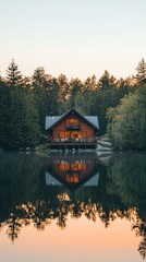 Fototapeta premium Tranquil Lakeside Cabin Reflection in Serene Wilderness at Sunset