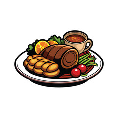 A vector illustration of an English Sunday roast featuring roast beef, Yorkshire pudding, vegetables, gravy, and orange slices.