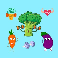 Motivational Cartoon Sport Icon With Vegetable And Sport  Accessories. Awesome Motivational Gym Icon Vector. Gym Icon With Vegetable Character